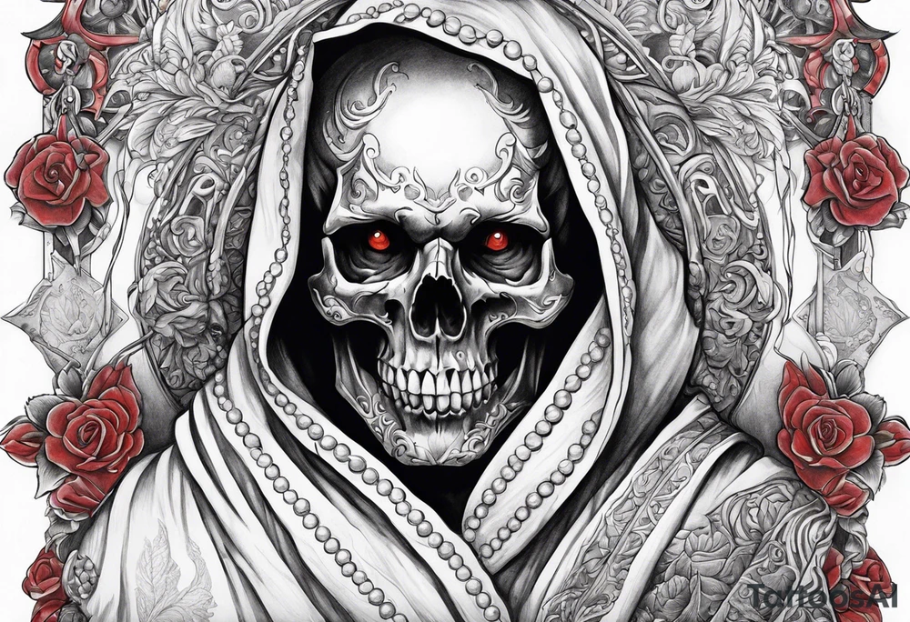 A skull in a robe. Red eyes, beads in hand tattoo idea