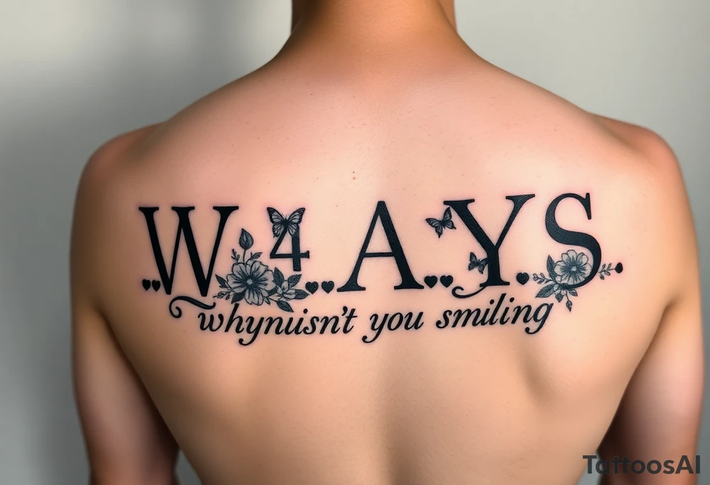 W.A.Y.S spelled out with why aren’t you smiling under neath it with flowers, butterflies and hearts with 444 tattoo idea