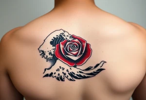 Deltoid tattoo of a beautiful red rose in the middle surrounded by the Great Wave off Kanagawa in black and white. tattoo idea