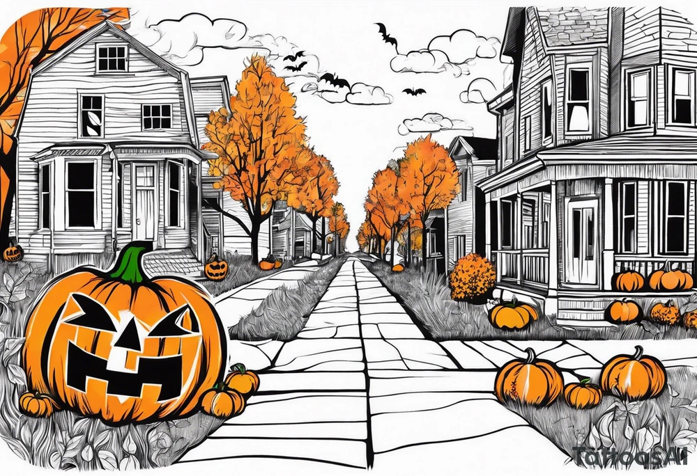 Midwestern street in fall with Halloween pumpkin tattoo idea