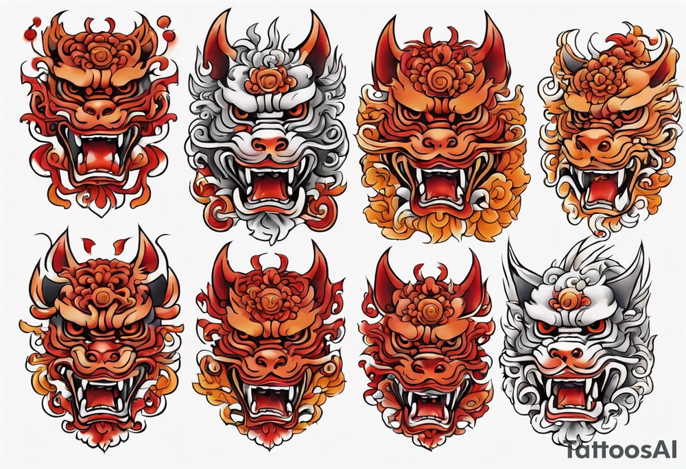 Red and orange Okinawa shisa dog chest piece tattoo idea