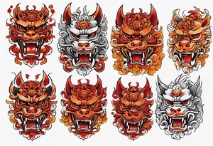 Red and orange Okinawa shisa dog chest piece tattoo idea