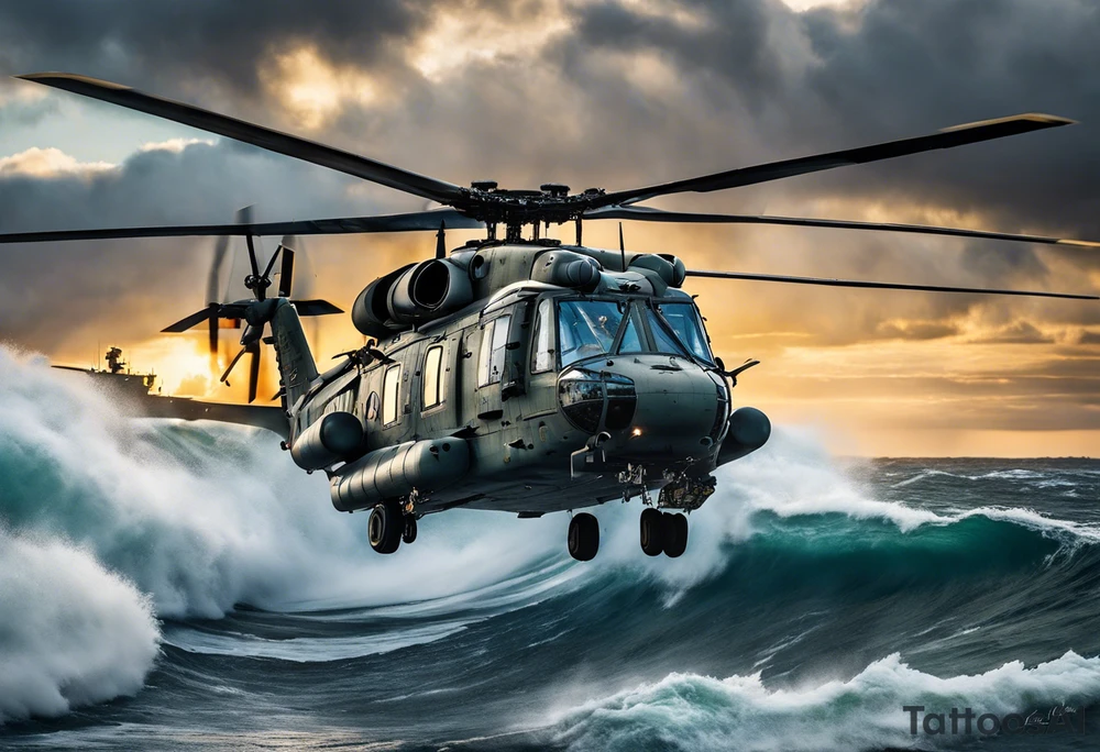 A cinematic-style tattoo depicting a Canadian military CH-148 Cyclone helicopter performing a daring maneuver over a turbulent ocean. The sky should be filled with dramatic clouds, and the sun should be setting, casting long shadows. The helicopter should be the main focus, with intricate details and a sense of motion tattoo idea
