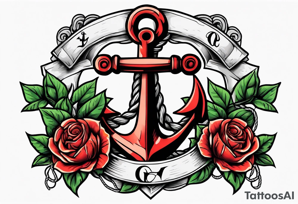 old school anchor with rope wrapped around anchor and banner across anchor and old school roses tattoo idea