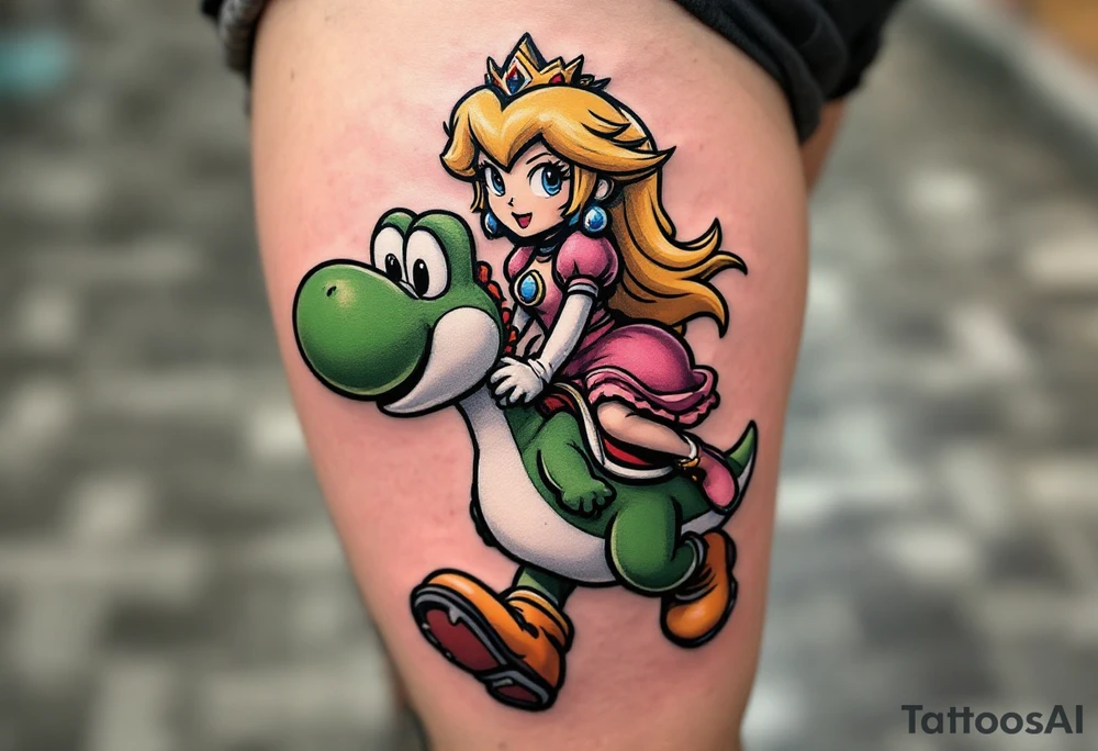 Princess Peach riding Yoshi from Mario Bros with vibrant colors. Make it more like the super Mario bros movie. Her dress should be poofier and covering her legs while he has red saddle with white trim. He should be walking upright. Make him look towards the camera with a large open mouth smile tattoo idea