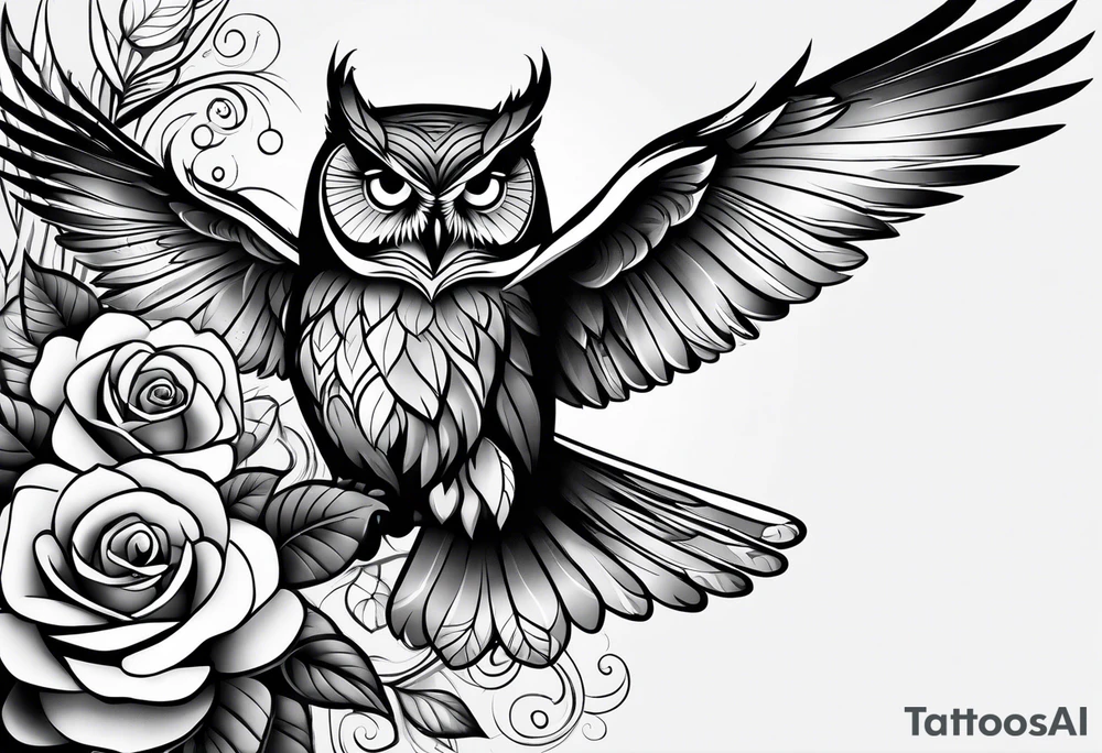 An owl, a rose, a paw print tattoo idea
