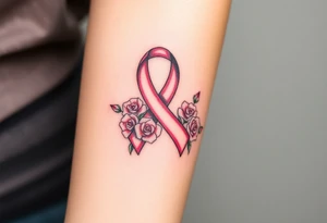 Pretty Cancer ribbon that says "fuck cancer"with light pink roses tattoo idea
