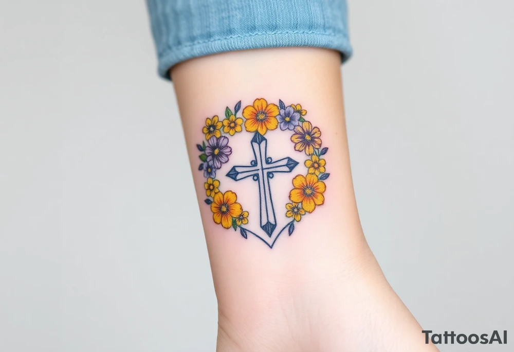 Yellow daisy Purple Hearts around a cross tattoo idea