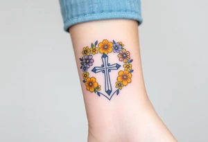 Yellow daisy Purple Hearts around a cross tattoo idea