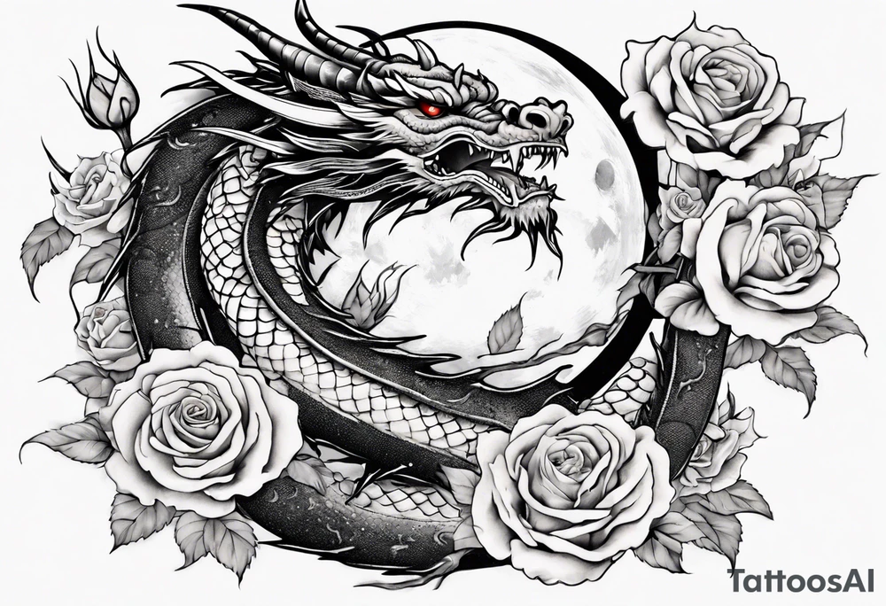 full Japanese dragon with moon and roses tattoo idea