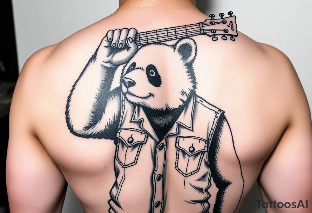 Panda bear wearing a denim vest, holding a bass guitar over his head tattoo idea