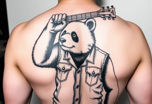 Panda bear wearing a denim vest, holding a bass guitar over his head tattoo idea
