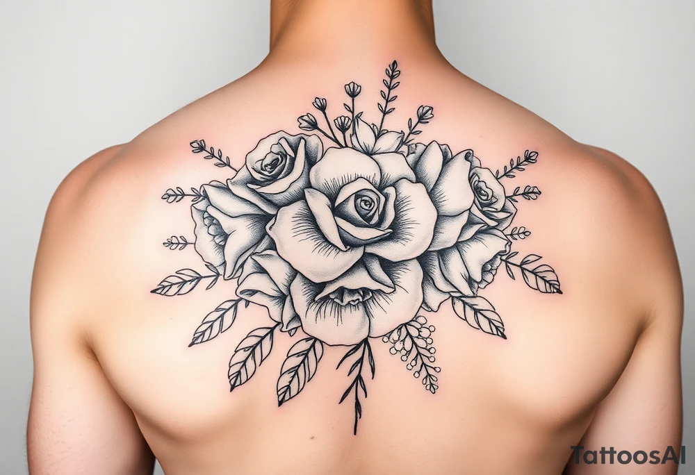 vintage bouquet of wild roses and meadow flowers with morning dew tattoo idea