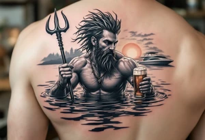 young, happy, fit, short hair, poseidon in calm water, holding a trident, drinking a beer, with sunset, with ski boat tattoo idea