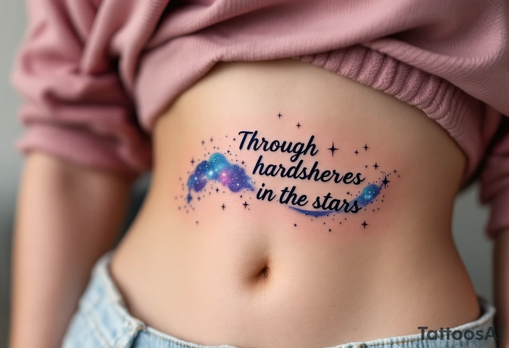 The quote “Through hardships to the stars” flows in navy ink around a violet galaxy, etched along the ribs. tattoo idea