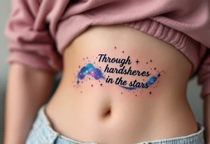 The quote “Through hardships to the stars” flows in navy ink around a violet galaxy, etched along the ribs. tattoo idea