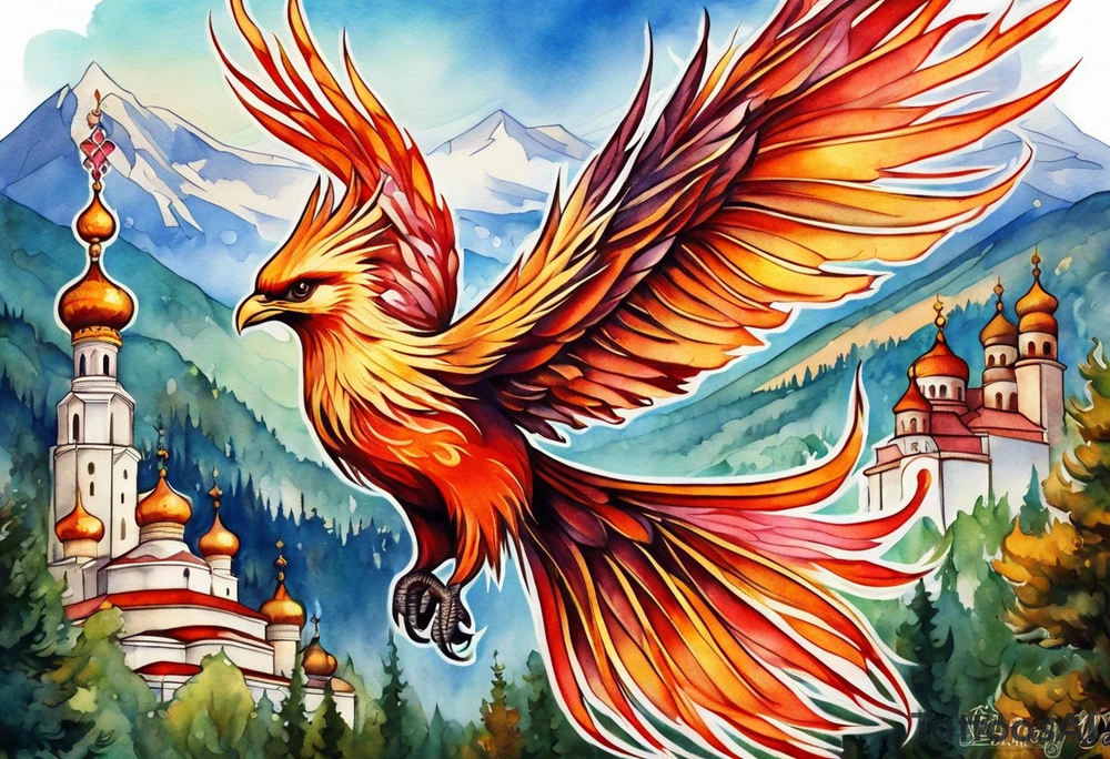 russian firebird in-flight with fancy tail and small onion cap monastery towers in background tattoo idea