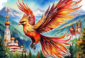 russian firebird in-flight with fancy tail and small onion cap monastery towers in background tattoo idea