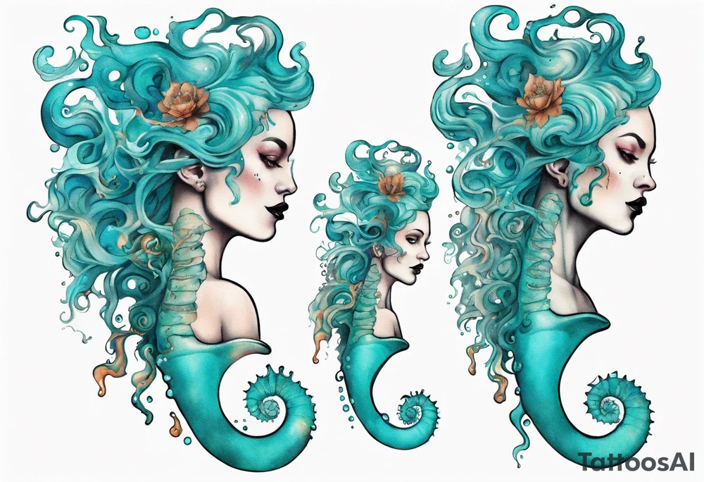 a tall woman made of water with turquoise hair riding a seahorse tattoo idea