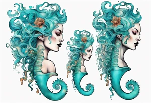 a tall woman made of water with turquoise hair riding a seahorse tattoo idea