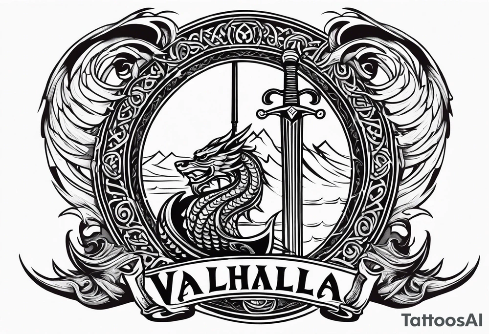 Valhalla sword shield viking ship dragon head tattoo idea Valhalla sword shield viking ship dragon head tattoo idea