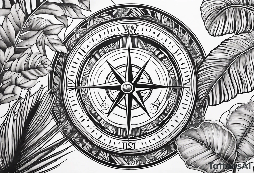 sleeve tattoo with Vegvisir compass with jungle plants surrounding it tattoo idea