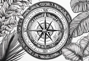 sleeve tattoo with Vegvisir compass with jungle plants surrounding it tattoo idea