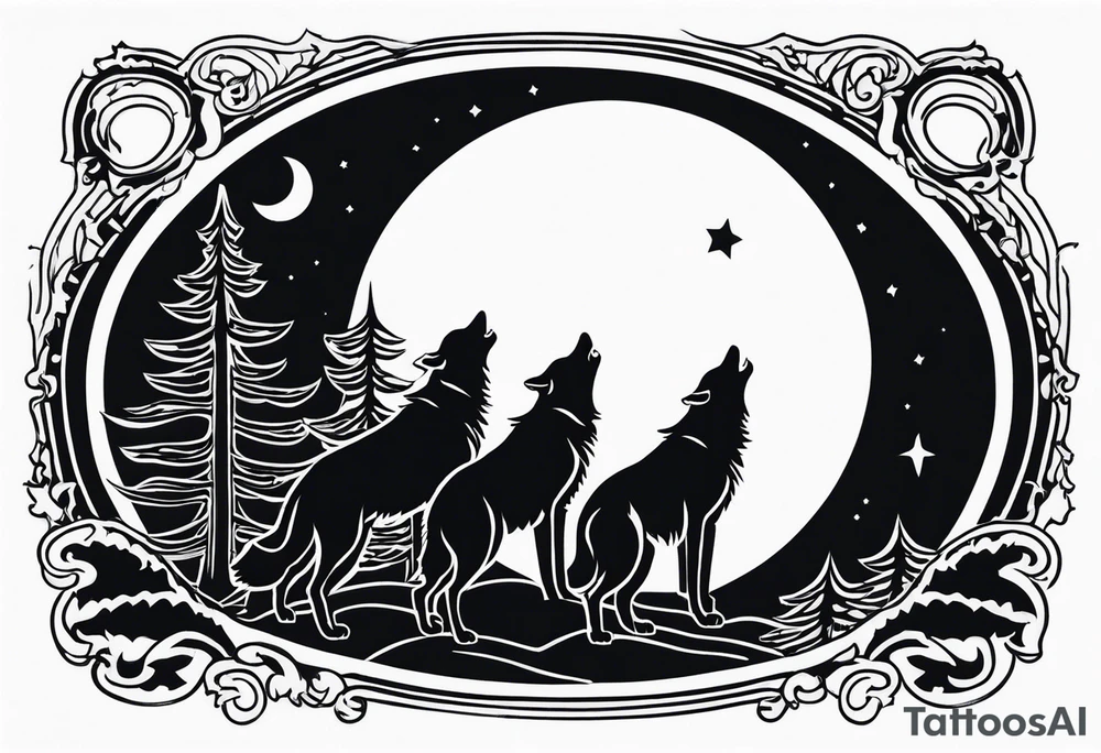 6 wolfs howling at moon tattoo idea