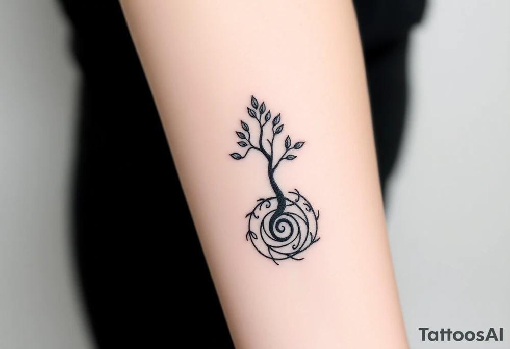 A tree with few leaves, with an outward  spiral as its roots, encircling the entire tree tattoo idea