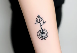A tree with few leaves, with an outward  spiral as its roots, encircling the entire tree tattoo idea