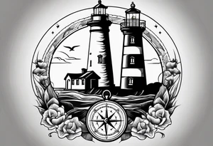 old school lighthouse and a compass to wrap around forearm tattoo idea