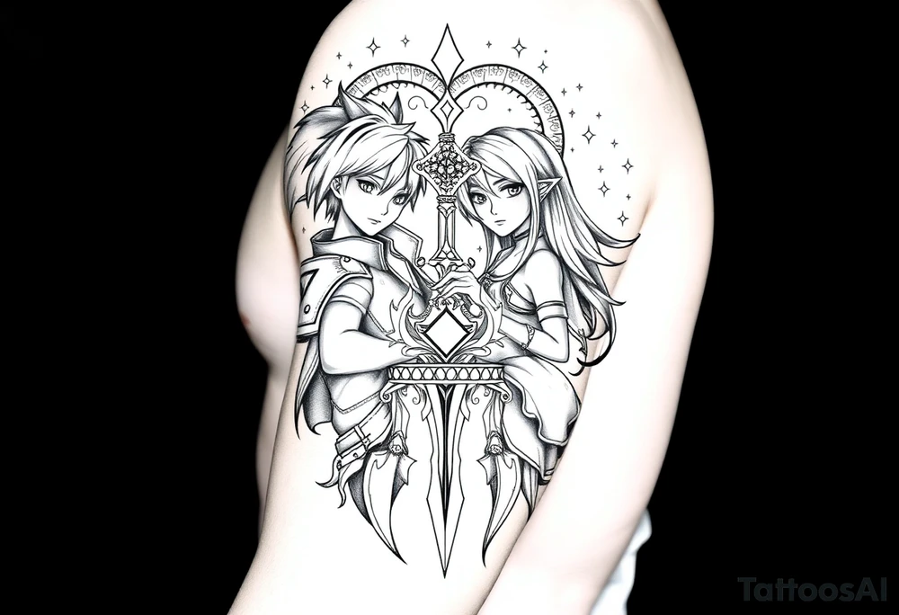 Kingdom Hearts tattoo design featuring from the game, together in a dynamic, united pose. The centerpiece should include the Heartless Keyblade, with a beautiful and ethereal Kingdom Hearts-inspired background—think glowing stars, floating islands, and stained-glass elements in backroung. The design should capture themes of friendship, light vs. darkness, and adventure. Style should be detailed, fantasy-oriented, and suitable for a large piece tattoo idea