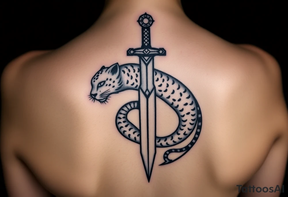 mystical panther coiled around an ancient dagger with jeweled hilt tattoo idea