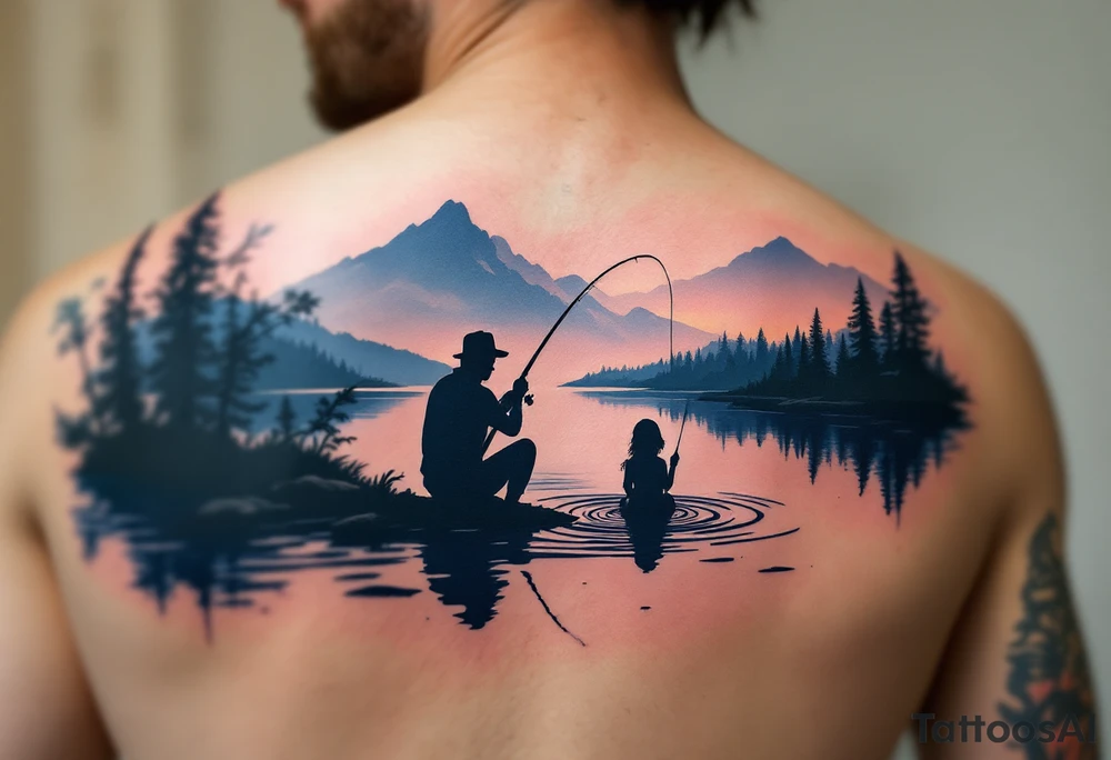 Silhouette of a father and daughter fishing by a lake, with only the rod and ripples drawn in dark navy blue ink. tattoo idea