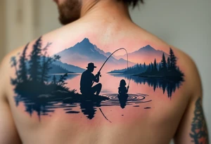 Silhouette of a father and daughter fishing by a lake, with only the rod and ripples drawn in dark navy blue ink. tattoo idea