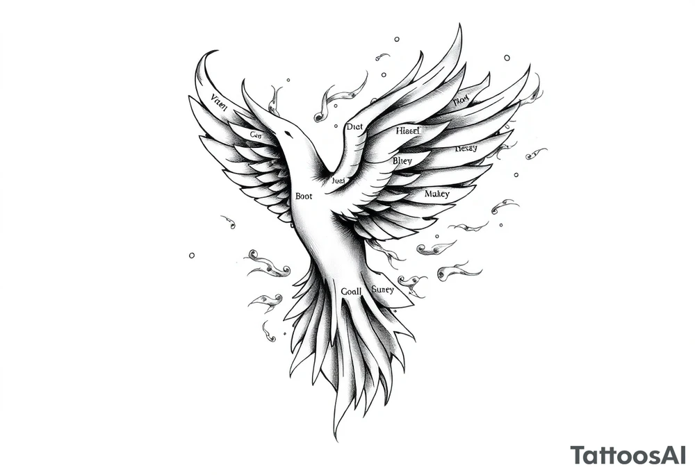 White dove of fire with the names of God and the Characteristics of the Holy Spirit tattoo idea