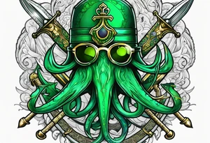 green squid with eyepatch holding sword and anchor tattoo idea