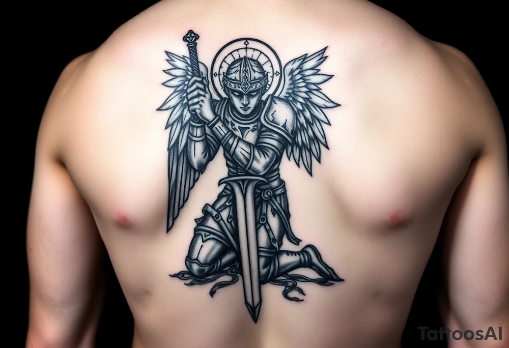 Arch angel Gabriel kneeling with sword in great armor masculine but looking very sad tattoo idea