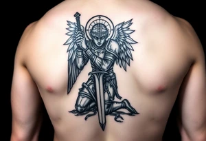 Arch angel Gabriel kneeling with sword in great armor masculine but looking very sad tattoo idea