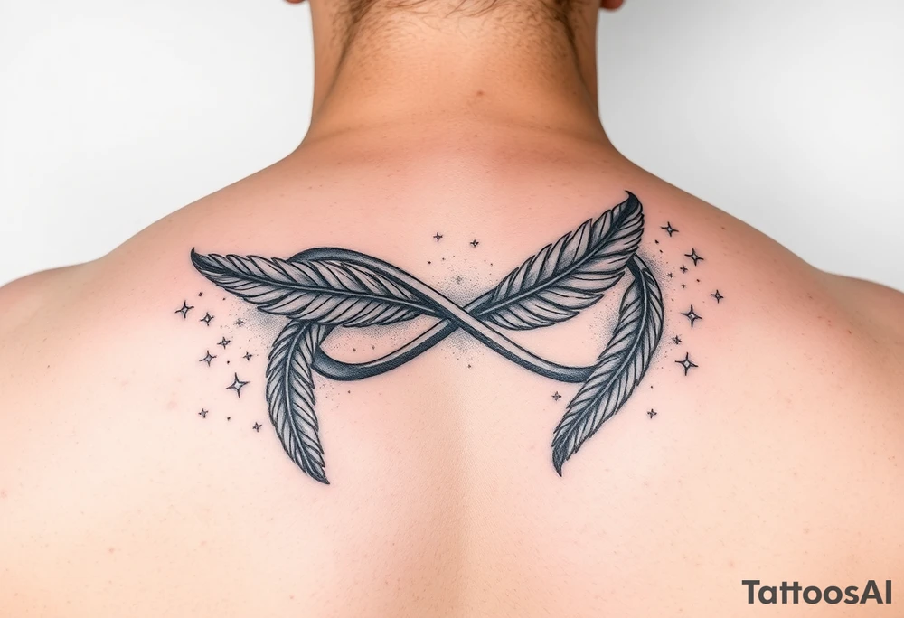 infinity symbol woven with floating feathers and stardust tattoo idea