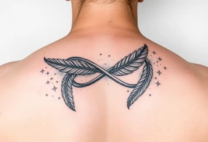 infinity symbol woven with floating feathers and stardust tattoo idea