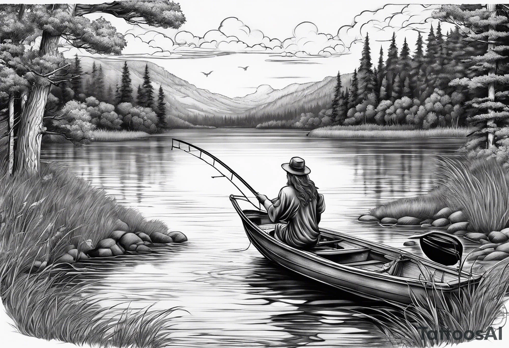 angel with halo fishing in on a lake bank tattoo idea