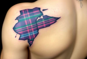Side of arm Dark Purple with green pink blue and white highlights tartan fabric 
with skin ripping away at edges tattoo idea