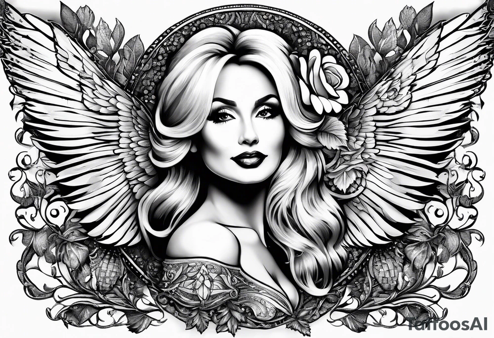 An angelic tattoo featuring Dolly Parton, an acorn, wings tattoo idea