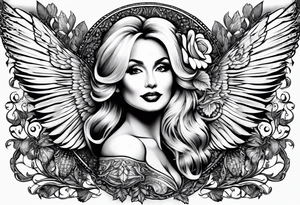 An angelic tattoo featuring Dolly Parton, an acorn, wings tattoo idea