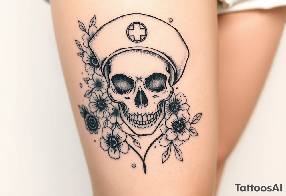 Nurse skull face with flower’s and honey combs background tattoo idea