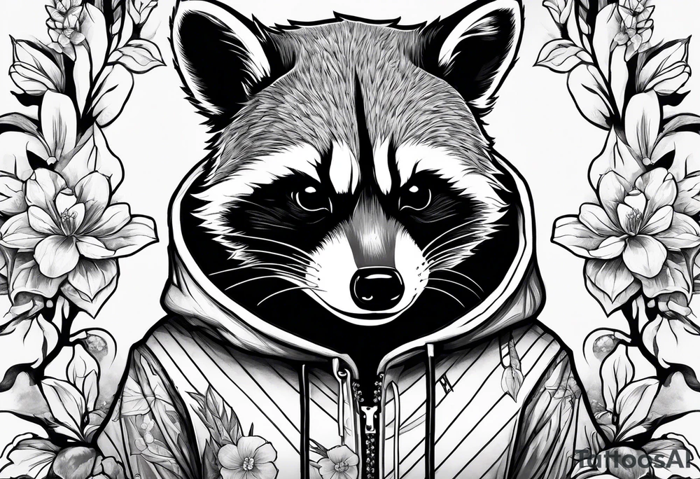 raccoon wearing a Superman hoodie with orange blossoms tattoo idea