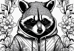 raccoon wearing a Superman hoodie with orange blossoms tattoo idea