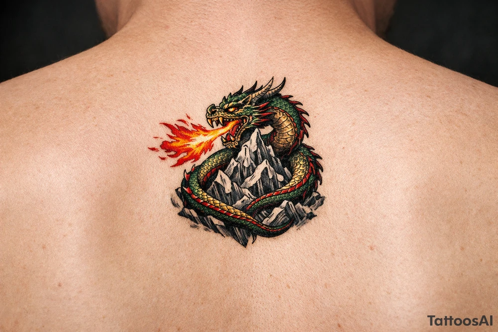 A fierce dragon coiled around a mountain peak, scales detailed, fire breath erupting. tattoo idea