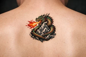 A fierce dragon coiled around a mountain peak, scales detailed, fire breath erupting. tattoo idea